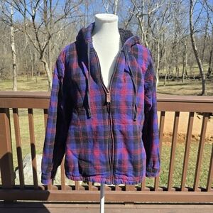 Plaid Hooded Sherpa-Lined Jacket in Red and Purple